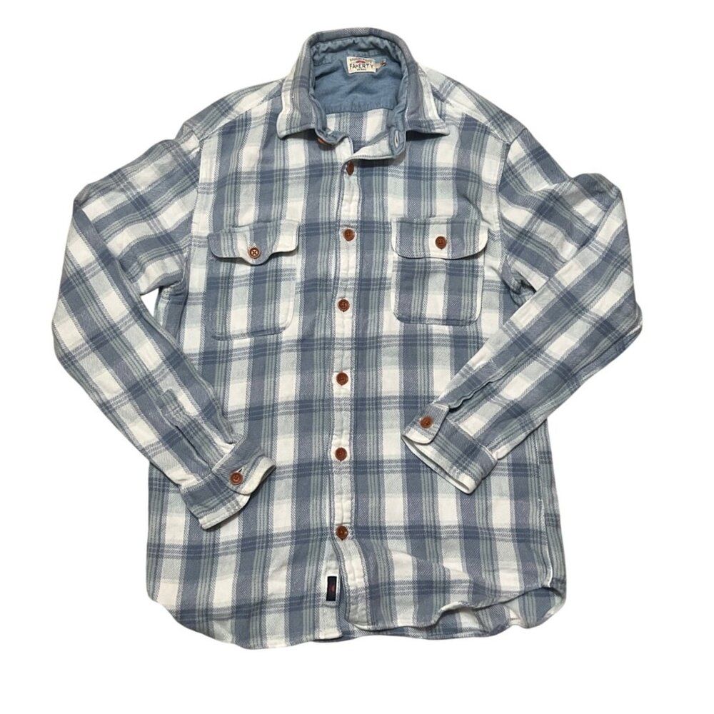 Faherty Mens Small Blue & White Plaid Button-Up Shirt With Front Pockets Long Sl
